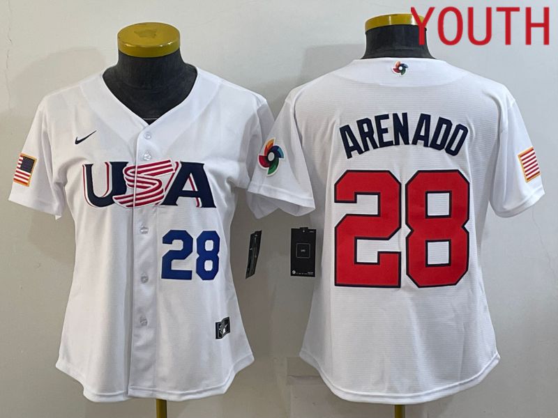 Youth 2023 World Cub USA #28 Arenado White MLB Jersey4